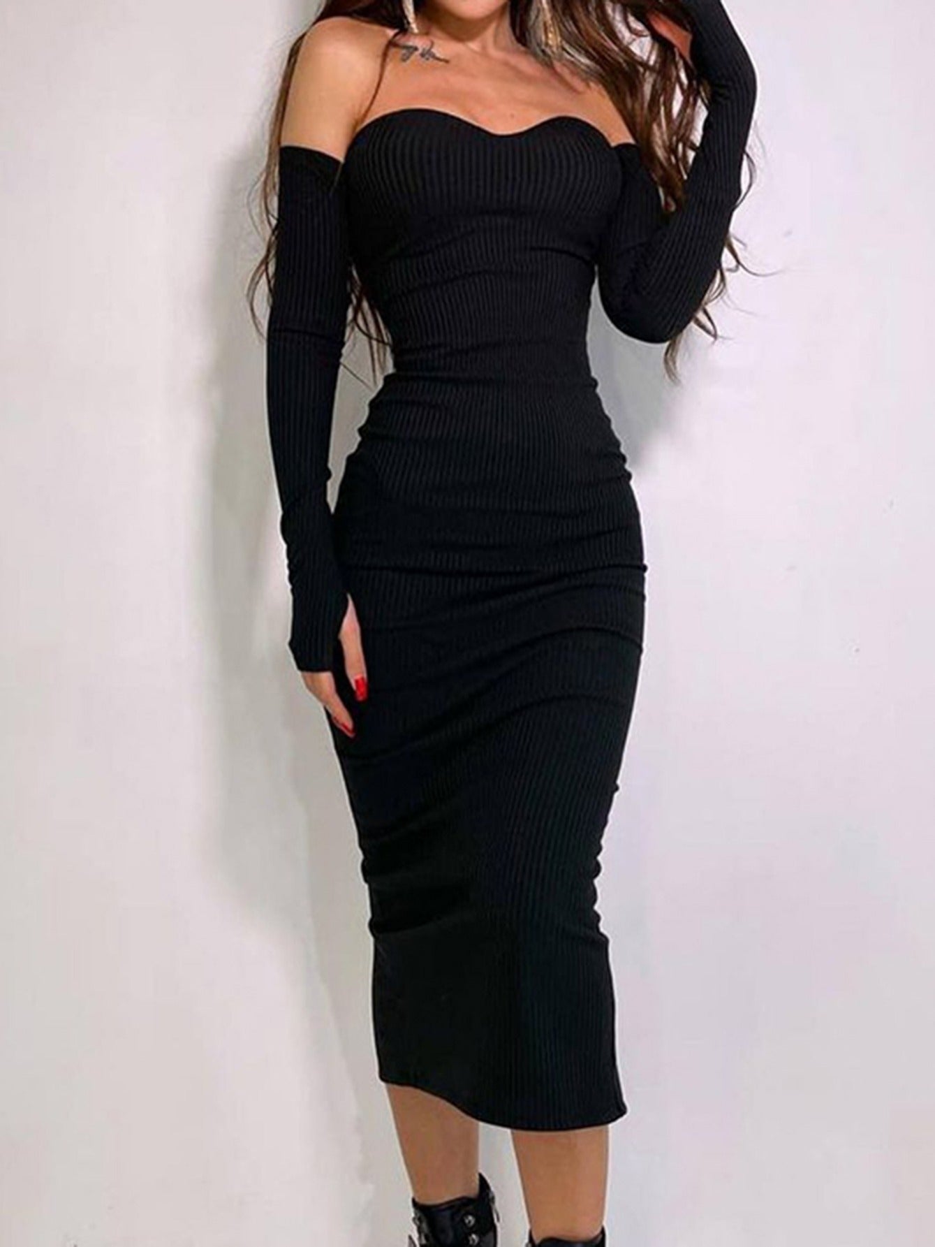 Women's Dresses Women Fall Sexy V Neck Knit Long Sleeve Solid Ribbed Bodycon Midi Dresses